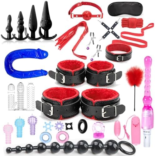 31 Pcs Bondage Restraints Set BDSM Kit Sex Toys, Gear & Accessories with Straps & Cuffs & Anal Plug & Double Dildo& Vibrator & Nipple Clamps & Feather & Whip & Blindfold