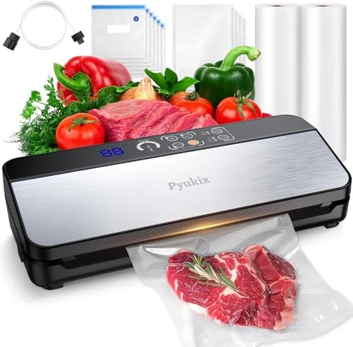 Vacuum Sealer Machine, Food Sealer Machine 80KPA Automatic 8-IN-1 for Food Saving Dry/Moist Mode with Build-in Cutter&Storage, Air Suction Hose, Digital Countdown, Bag Roll, 11 Vacuum Bags