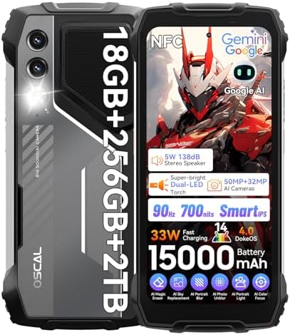 OSCAL Rugged Smartphone,2025 Rugged Phone Unlocked Pilot 1 Gaming Phone,15000mAh,33W Fast Charge,18GB+256GB/2TB Expand,4G Android Phone,Dual SIM Card/1 TF Slots,6.67" Display,Android 14,NFC (Black)