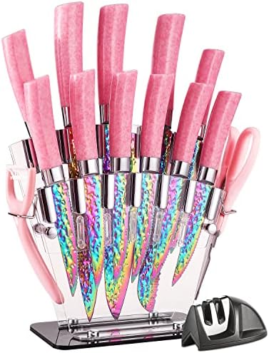 Rainbow Titanium Knife Set, Non Stick Thick and Sharp Stainless Steel 15 Pcs Cutlery Kitchen Knives Set with Acrylic Block, Chef Quality for Home & Pro Use, Best Gift, Pink Color