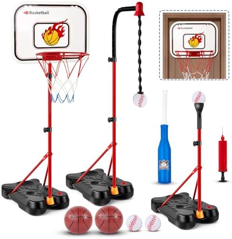 4 in 1 Toddler Basketball Hoop and T Ball Set, Adjustable Height Kids Basketball Hoop Hanging Tee Baseball Indoor Outdoor Sport Toys Gifts for Kids Boys Girls Ages 3 4 5 6 7 8 Years Old