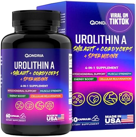 Urolithin A Supplement 500mg Per Serving - 4-in-1 Power Blend with Shilajit, Cordyceps & Spermidine - Boosts Cellular Energy, Muscle Strength, Longevity & Immunity - Healthy Aging - 60 Capsules