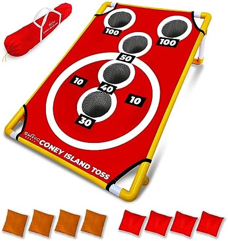 SWOOC Games - Coney Island Toss™ - Arcade Style Cornhole Board Set w/Carrying Case & 15+ Games - Corn Hole Games for Adults - Kids Bean Bag Toss Game - Kids Cornhole Set w/Bags - Outdoor Yard Games