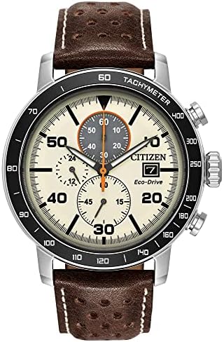 Citizen Men's Eco-Drive Weekender Brycen Chronograph Watch in Stainless Steel, Brown Leather strap, Ivory Dial (Model: CA0649-06X)