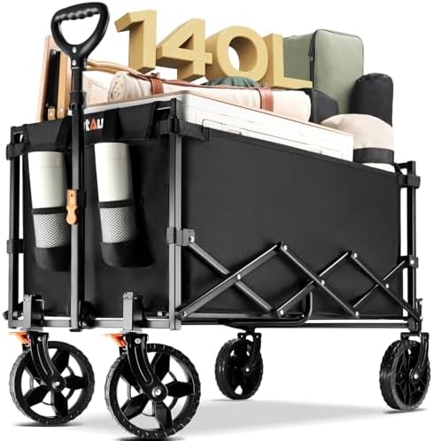 140L Collapsible Wagon Cart Foldable, Portable Folding Wagon with Silent Universal Wheels, 330lbs Utility Grocery Cart for Camping Sports Shopping, Black
