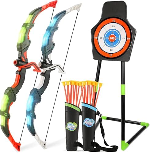 Bow and Arrow Set for Kids, 2-Pack LED Light Up Archery Set with 20 Suction Cup Arrows, Indoor and Outdoor Toy for Boys Girls Age 4-8 8-12 with Standing Target&2 Quivers, Birthday Gift 3-12 Years Old