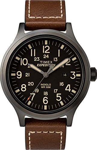 Timex Men's Expedition Scout 43mm Watch – Black Dial & Case with Brown Leather Strap