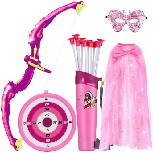 VGOFUN Kids Bow and Arrow Set: LED Light Up Archery Toy with Princess Cape and Headband, 10 Suction Cup Arrows, Outdoor Toys Gifts for 3-8 Year Old Girls (Archery Set with Butterfly Mask)
