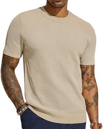 PJ PAUL JONES Men's T-Shirts Casual Knit Short Sleeve Crewneck Honeycomb Waffle Solid Knitted Pullover Tees