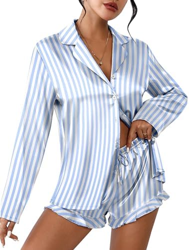 Ekouaer Womens Satin Pajama Sets Long Sleeve Top and Shorts Lounge Set Button Down Sleepwear