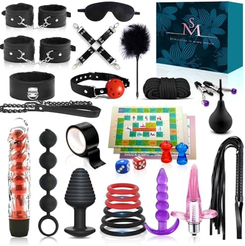 Sex Bondage BDSM Kit Restraints,30PCS Leather Bondage,Sex BDSM Toys with Adjustable Handcuffs and Anal Plug Toys,Sex Things for Couples Kinky, Sex Bondage Set for Women Couples &Sex Toy kit,SM Games