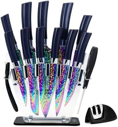 15pcs Blue Kitchen Knife Set, Rainbow Titanium Knife Block Set, High Carbon Stainless Steel Knives Set for Kitchen, Professional Chef Knife Sets for Kitchen with Sharpener Acrylic Block, Best Gift