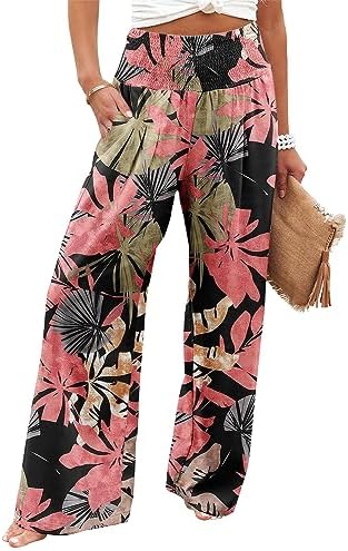 Angerella Womens Elastic High Waisted Palazzo Pants Casual Wide Leg Long Lounge Pant Trousers with Pocket