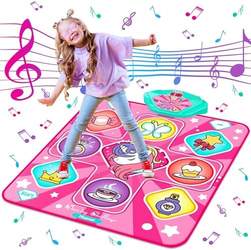 Unicorn Dance Mat, Dance Mixer Rhythm Step Play Mat, Pink Dance Pad with LED Lights, Adjustable Volume, Built-in Music, 5 Game Modes, Xmas B-Day Gifts for 3-12 Years Old Girls Toys