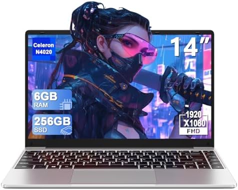 14" Laptop Win 11 256GB SSD Up to 1TB SSD Expand Celeron N4020 Up to 2.8Ghz Dual-Core Processor 6GB DDR4 1920x1080 FHD Dual WiFi BT4.2 with Webcam Keyboard Protect Flim for Business-Silver