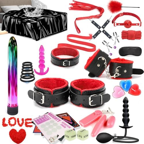 31pcs BDSM Restraints Kit Sex Toy, Anal Plug Handcuff Mouth Gag Spanking Paddle Bondage Bed, SM Adult Games Cosplay Toys for Couples Men Women