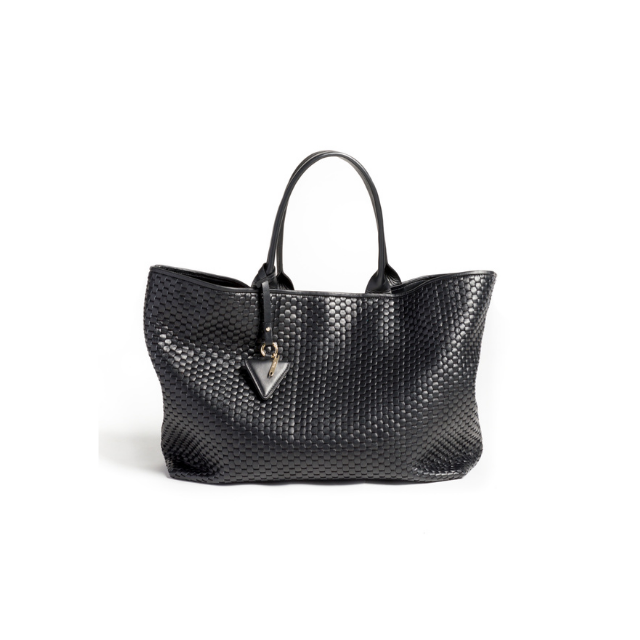 Made in Italy Woven with 18th Century Treadle Looms Leather Large Tote Bag Black for Everyday Use and Travel