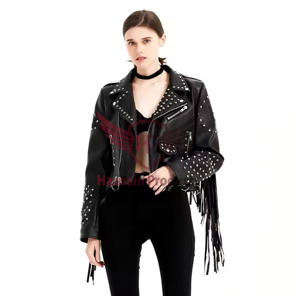 Fashionable Women's Long Sleeve Genuine Leather Fringe Cropped Jacket with Double Layer Design - Stylish Fall Outwear Suit