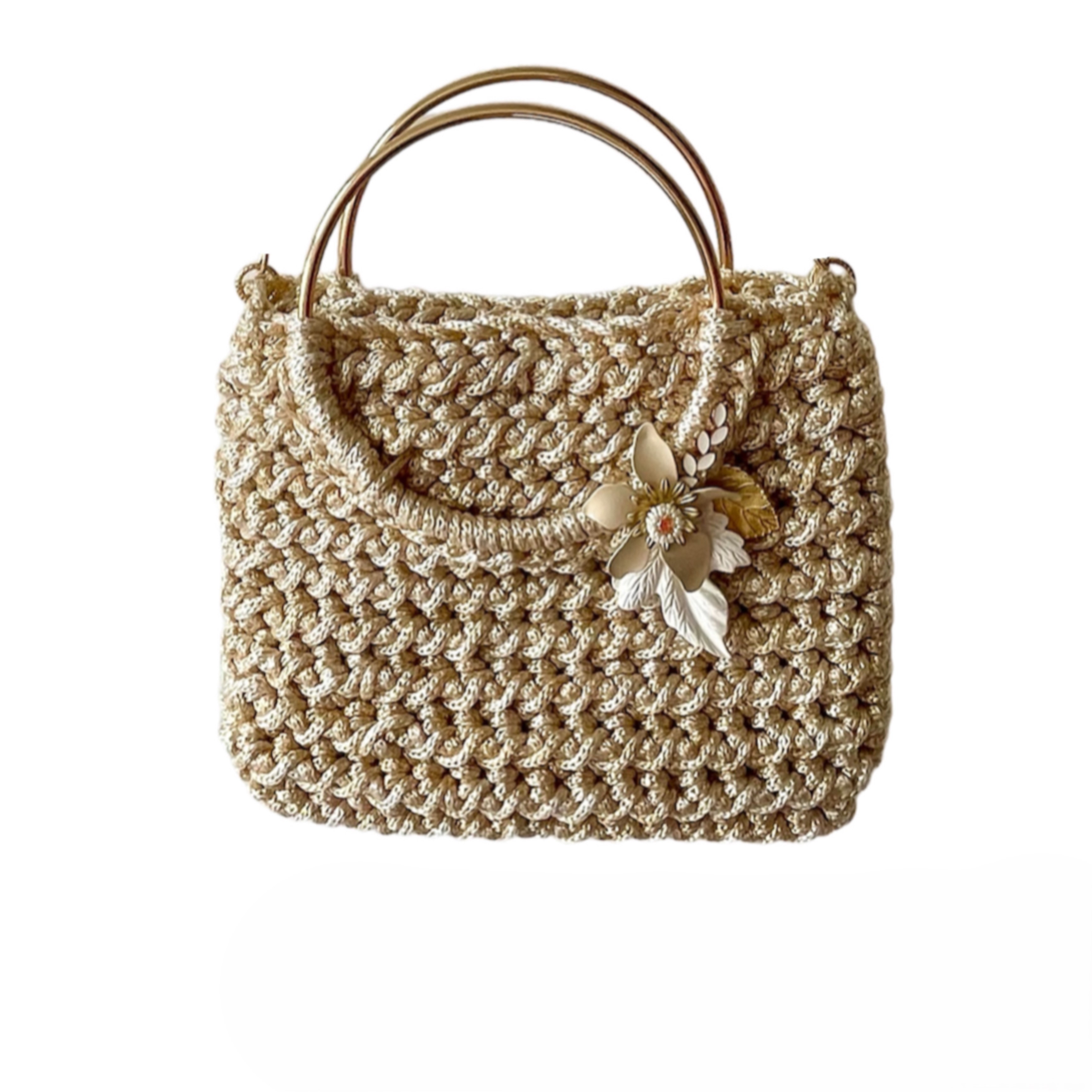 Handmade Crocheted Golden Ivory Bag with Shoulder Strap Women's Shoulder Bag Italian Design