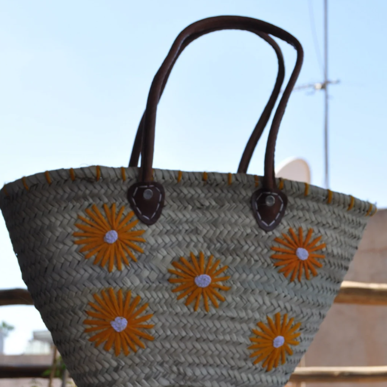 Daisy Moroccan Straw Leather Basket Market Straw Bag Palm Basket Women's Straw Bag Daily Carry Bag