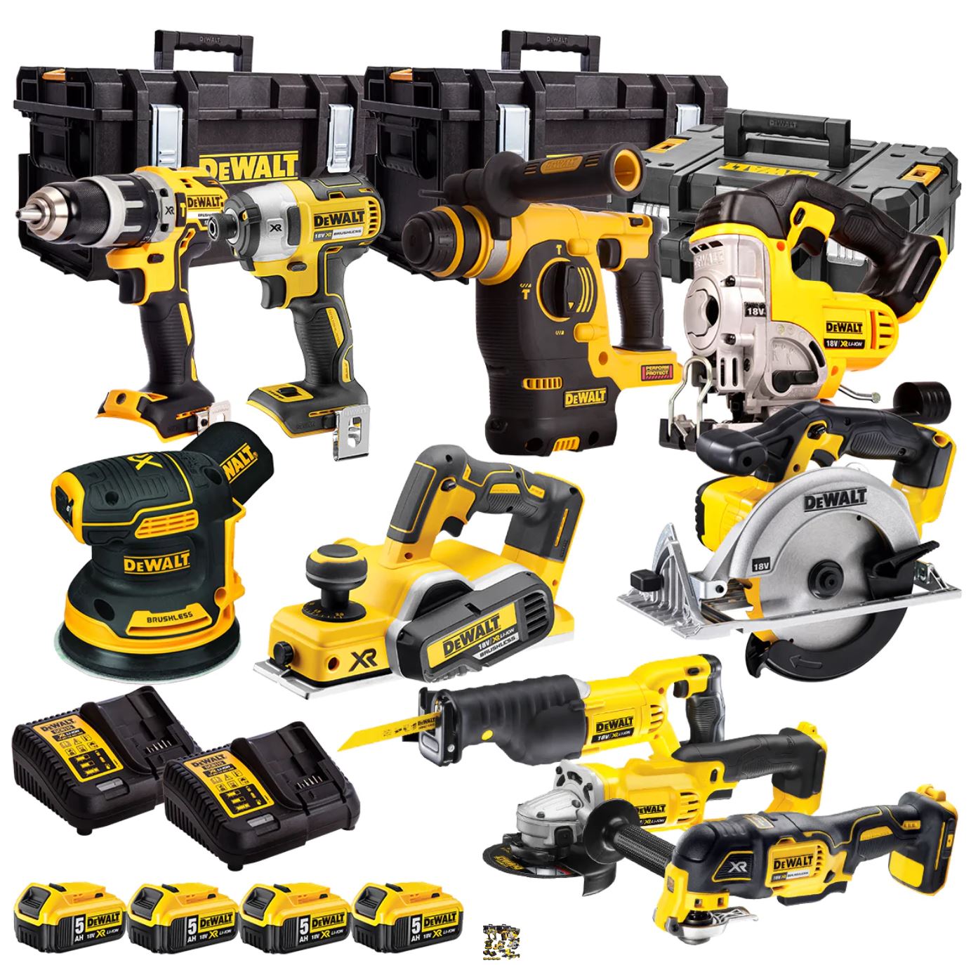 Dewalts 18v 10 Piece Power Tool Kit With 4 X 5.0ah Battery + 2 X Charger &amp; 3 X Tool Box T4tkit-12845 