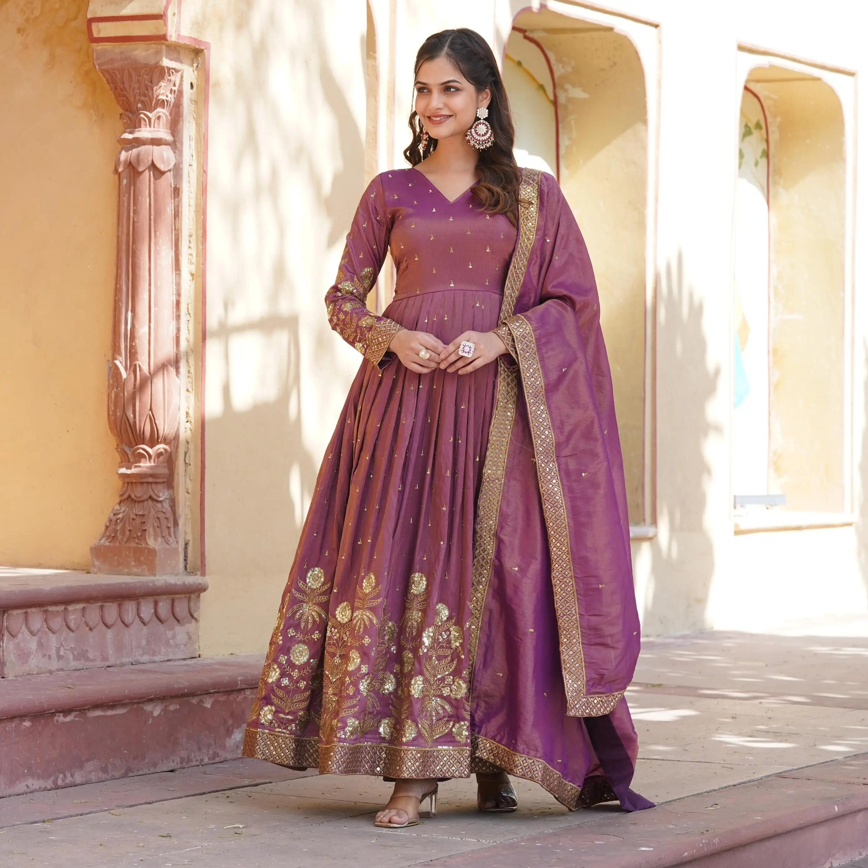 Designer Women's Long Viscose Cosmos Zari Thread Sequins Embroidery Gown Silky Wedding Suit for Adults' Weddings and Parties