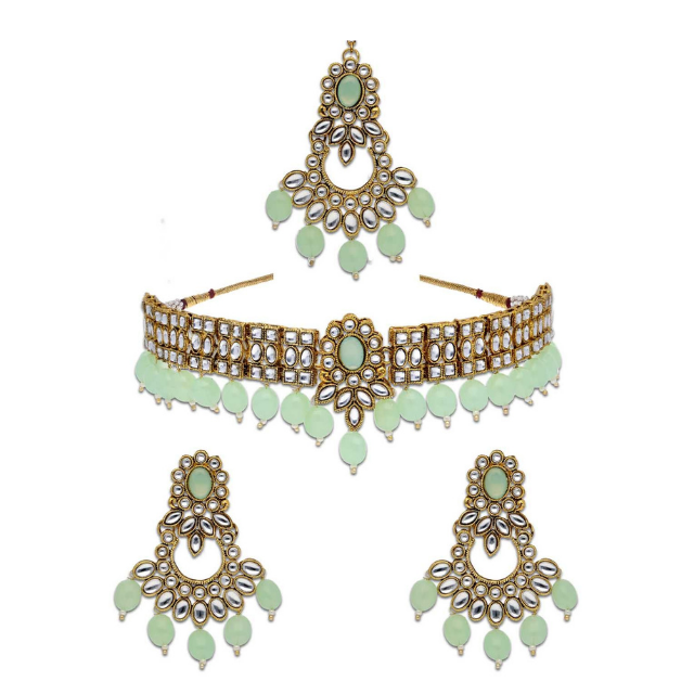 Mint Color Indian Traditional Kundan Choker Necklace Set In Gold Finish Indian Fashion Necklace Jewelry Set