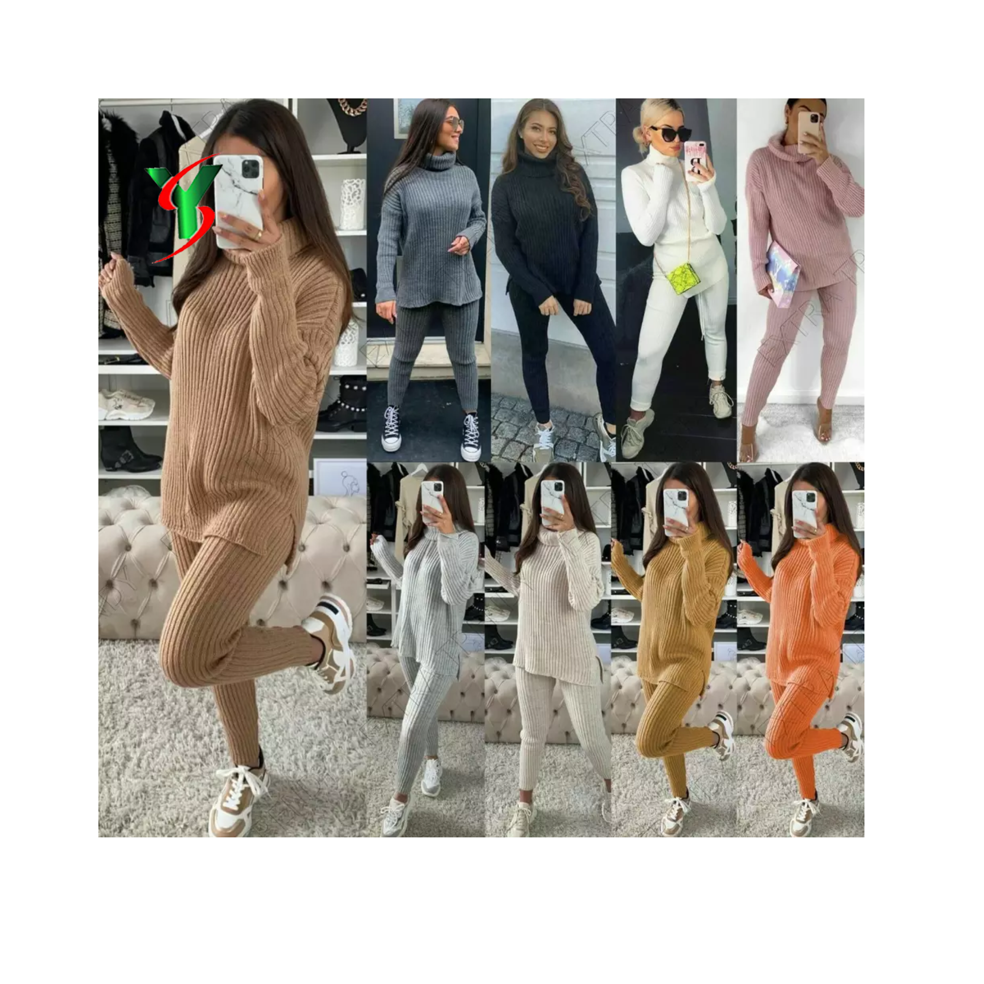Knitted 2Piece Solid Color Sexy Casual Fit Batwing Sleeve Slit Hem Casual Home Wear Set Women Sleepwear Pajamas for Women