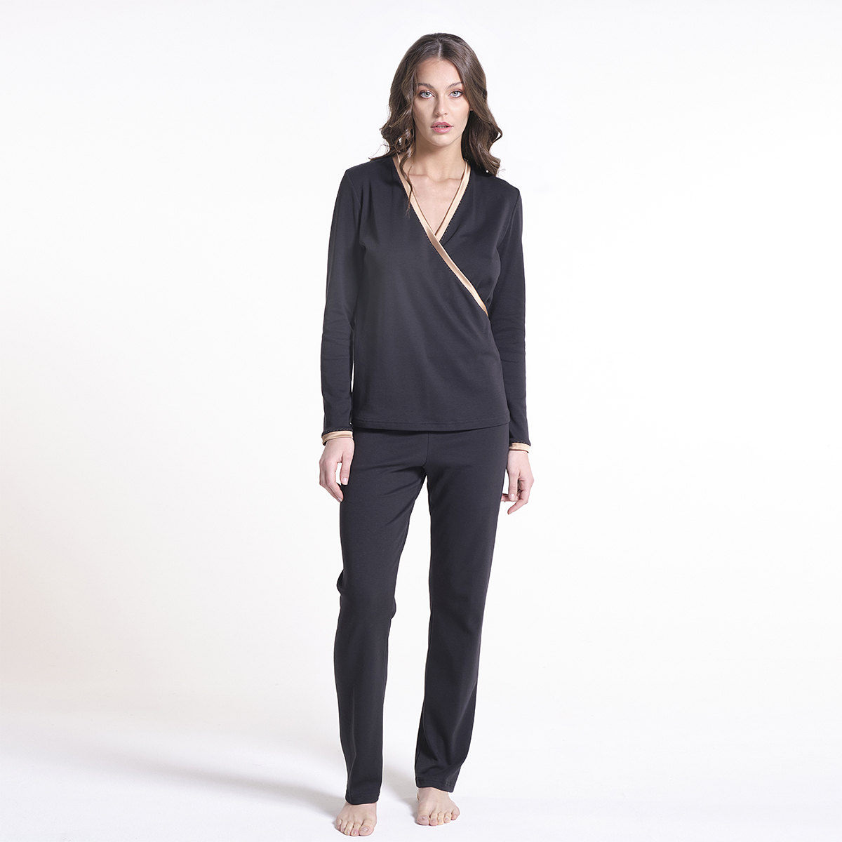 Made In Italy Luxury Cotton Interlock Nightdress With Contrasting Stitching And Satin Sleepwear For Winter For Woman 