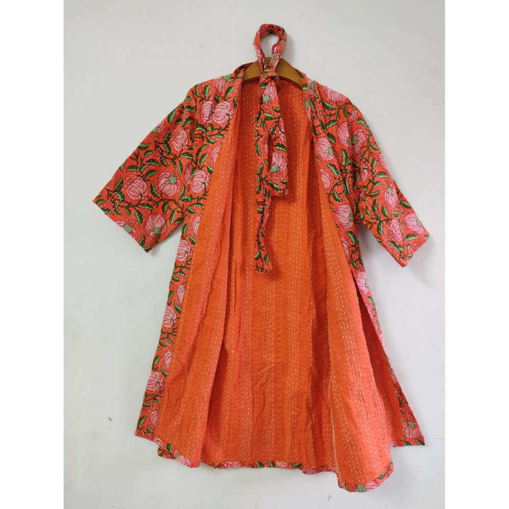 Orange Kantha Bath Robe Plush Size Women Cotton Robes High Quality Lined Kantha Handmade Robes, Women Sleepwear
