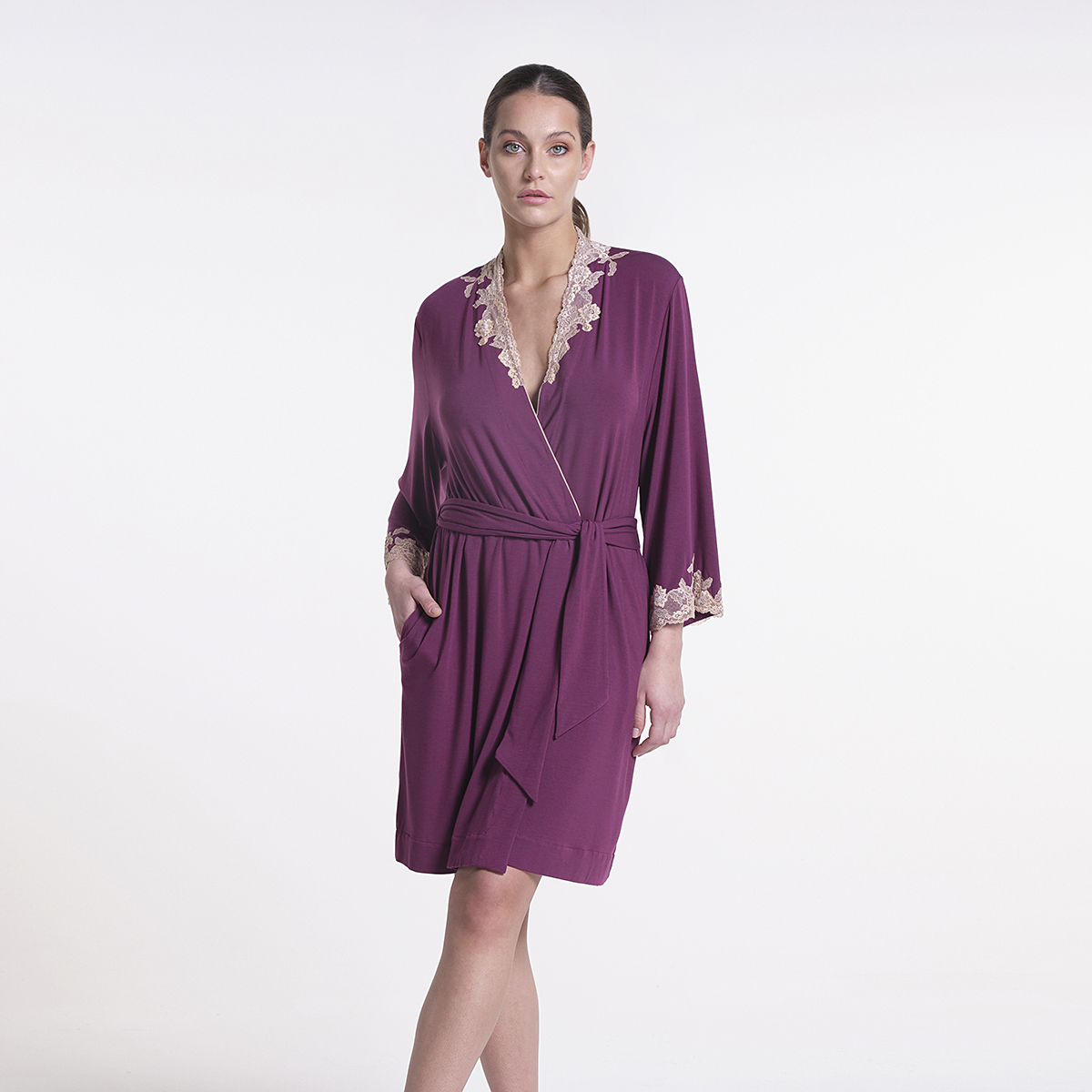 Made In Italy Luxury Modal Kimono With Frastaglio And Elastic Lace For Fall Winter 2022 Sleepwear For Woman 