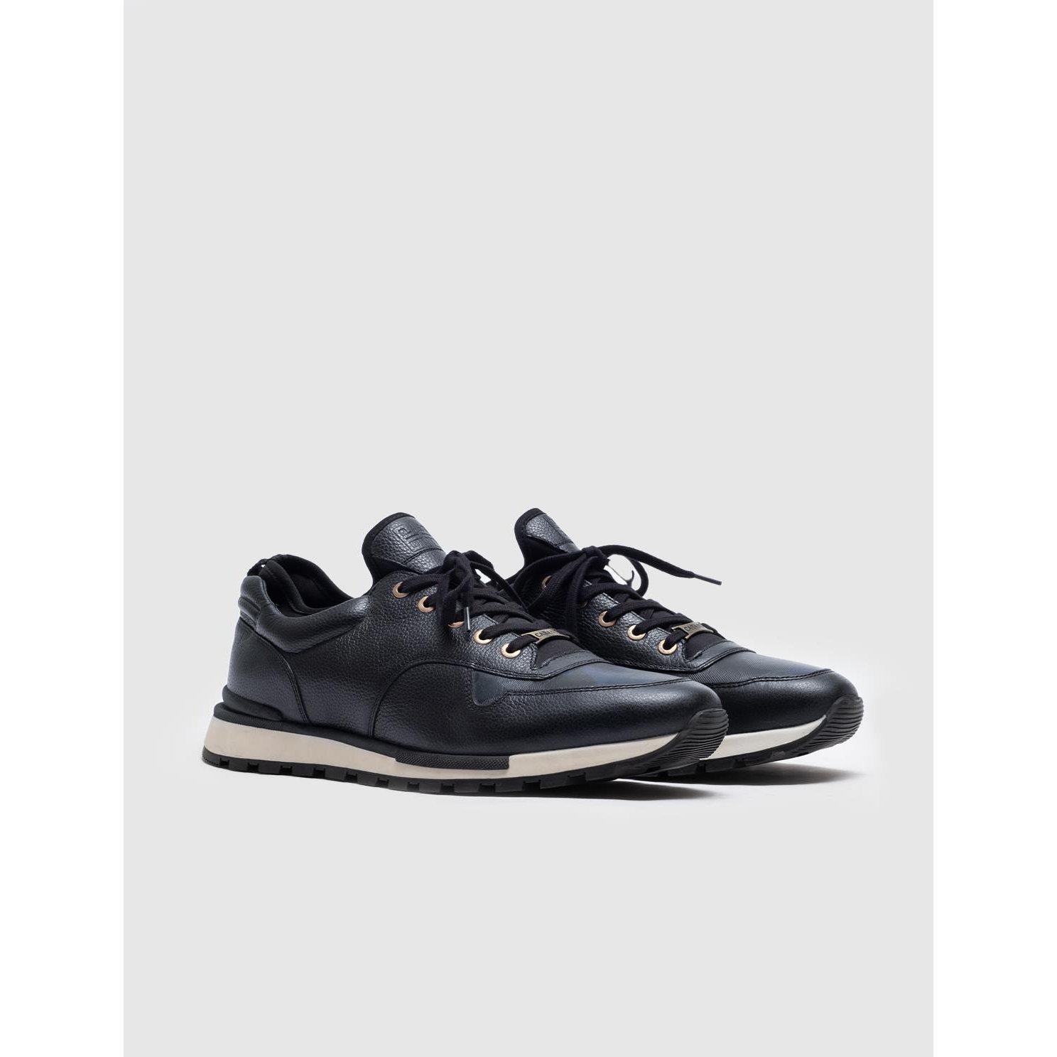 Genuine Leather Navy Blue Lace-Up Stretch Detailed Men's Sneakers