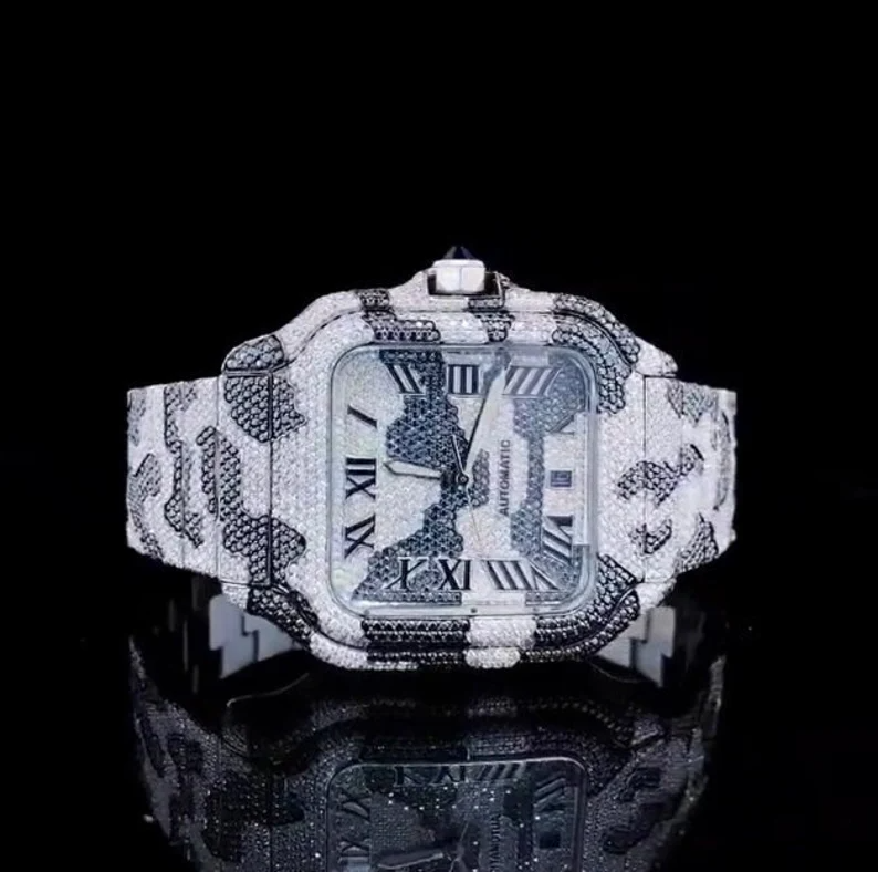 Black and White Moissanite Diamond Mens Wrist Watches Fully Iced Out Custom Made Automatic Movement Watch for Indian Suppliers