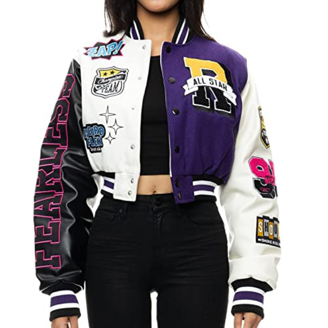 Custom Crop Letterman Varsity College Jackets In Colors For Women Ladies With Custom Chenille Embroidery Patches At Wholesale 