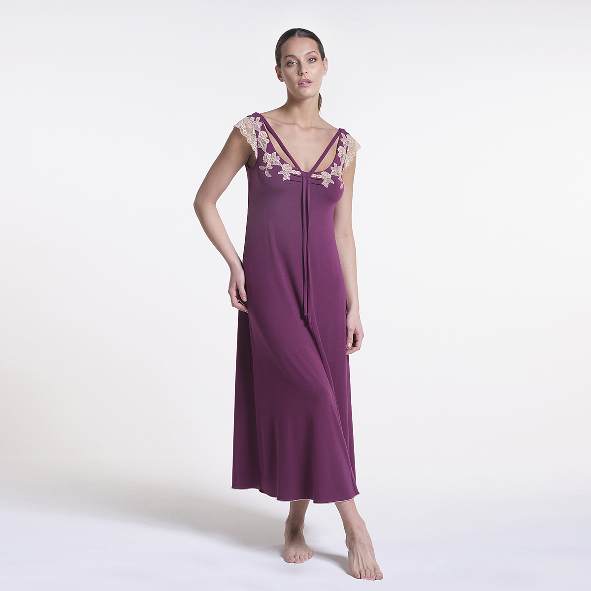 Made In Italy Luxury Modal Nightdress With Frastaglio And Elastic Lace For Fall Winter 2022 Sleepwear For Woman 