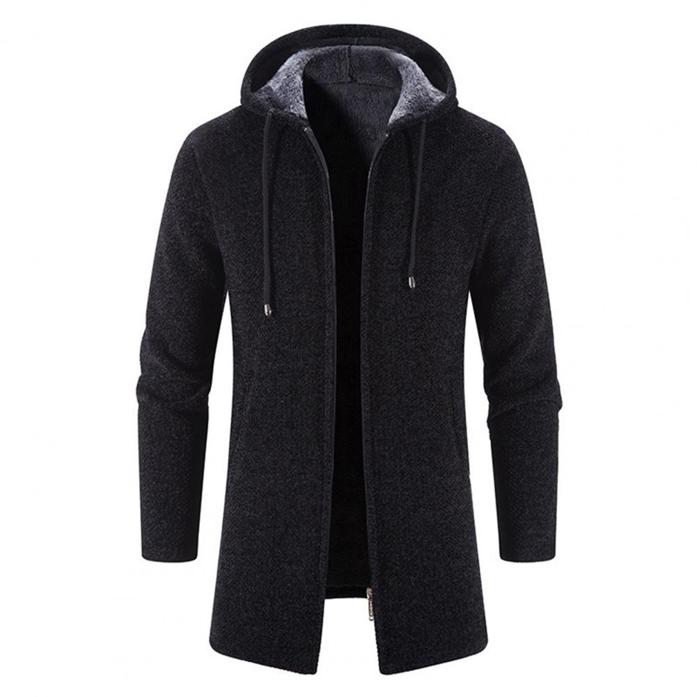 Men Sweater Coat Thicken Drawstring Plush Lining Knitted Cold Proof Autumn Winter Zipper Knitting Hooded Jacket Streetwear 
