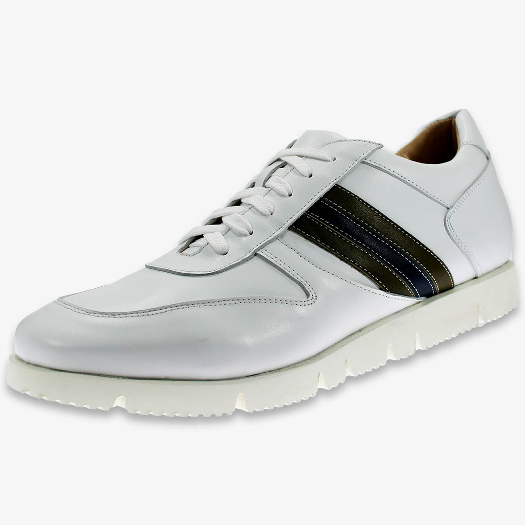 Men's Casual Lace-up Sneaker Shoe in White Leather with Vibram Sole, Handmade in Italy, Removable Self-modelling Insole