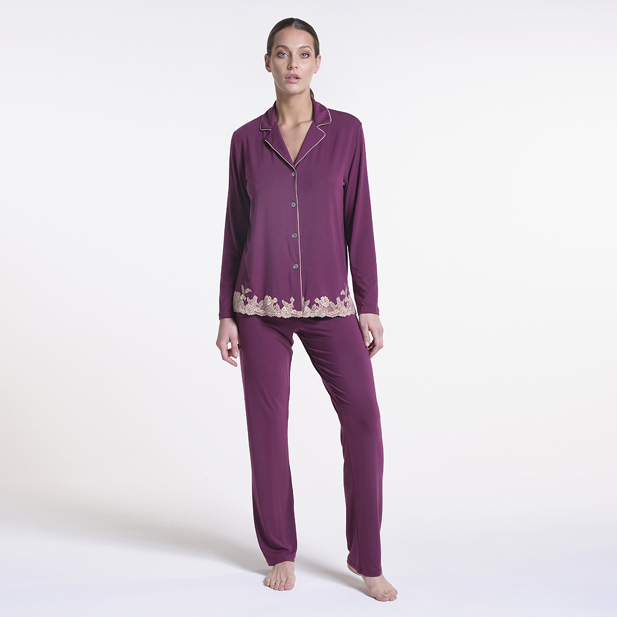 Made In Italy Luxury Modal Pyjama Set With Frastaglio And Elastic Lace For Fall Winter 2022 Sleepwear For Woman 