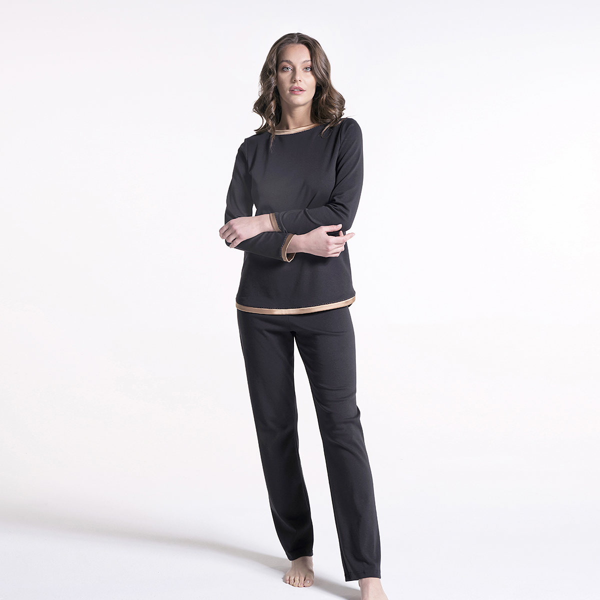 Made In Italy Luxury Cotton Interlock Nightdress With Contrasting Stitching And Satin Sleepwear For Winter For Woman 