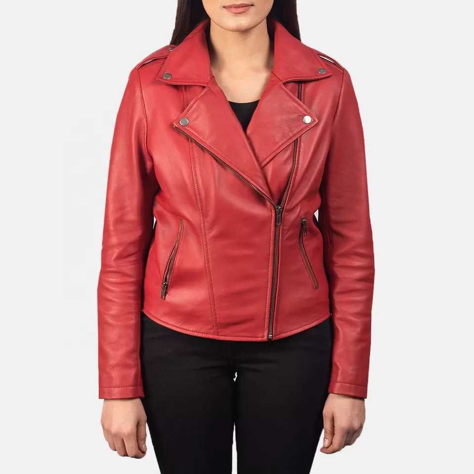 Classy Cherry Red Fashion Slim Fit Coat Casual Windbreaker Outwear Leather Jackets For Women Manufactured By Hasnain Products 