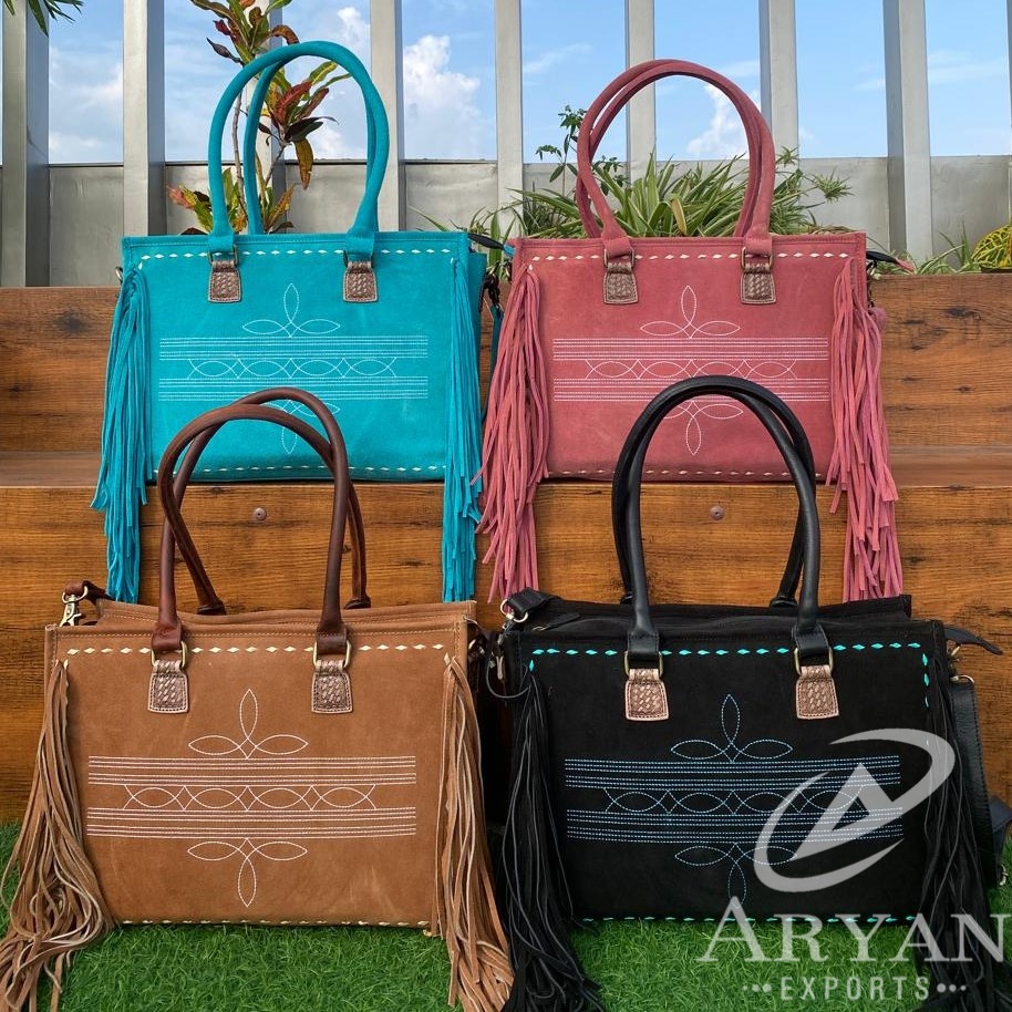 2024 New Boot Stitch Pink Suede Leather Fringe Tote Bag for Women's Western Concealed Carry Genuine Leather Crossbody Handbags