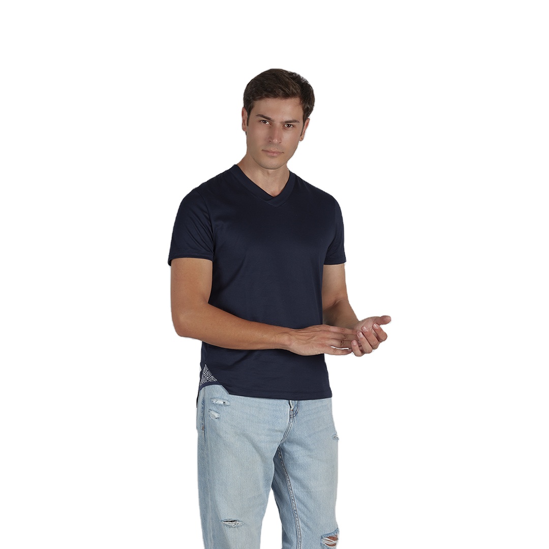 Italy Manufacturers Men&#39;s Clothing V Neck T Shirts 100% Cotton With Short Sleeves Solid Blue Color 