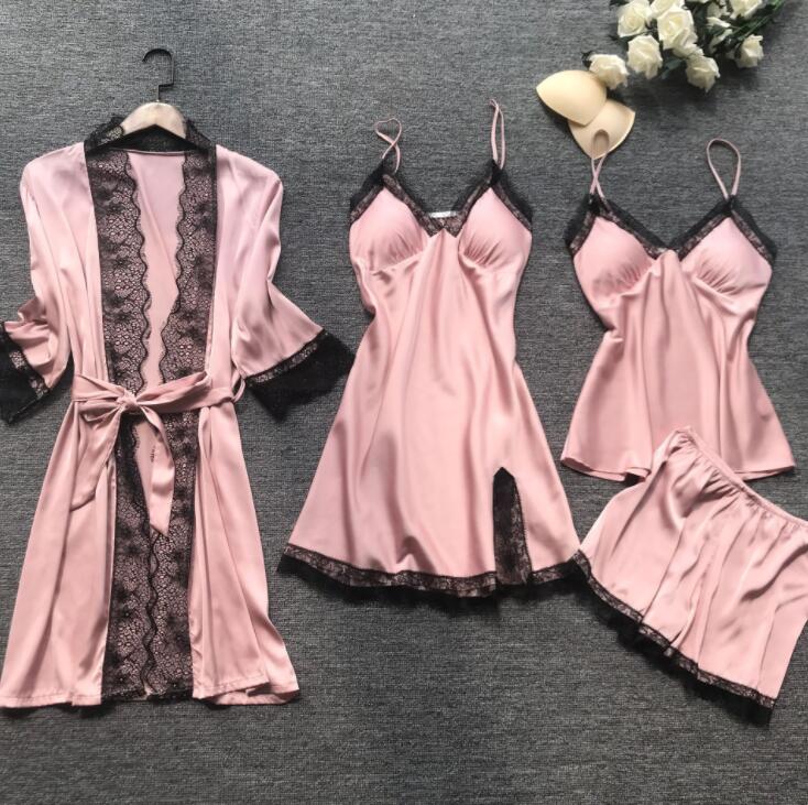7 Pcs Set Ice Silk Satin Nigh Wear Long Pajamas Sexy Shorts Sleepwear Women for Spring Summer Autumn Winter Home Wear