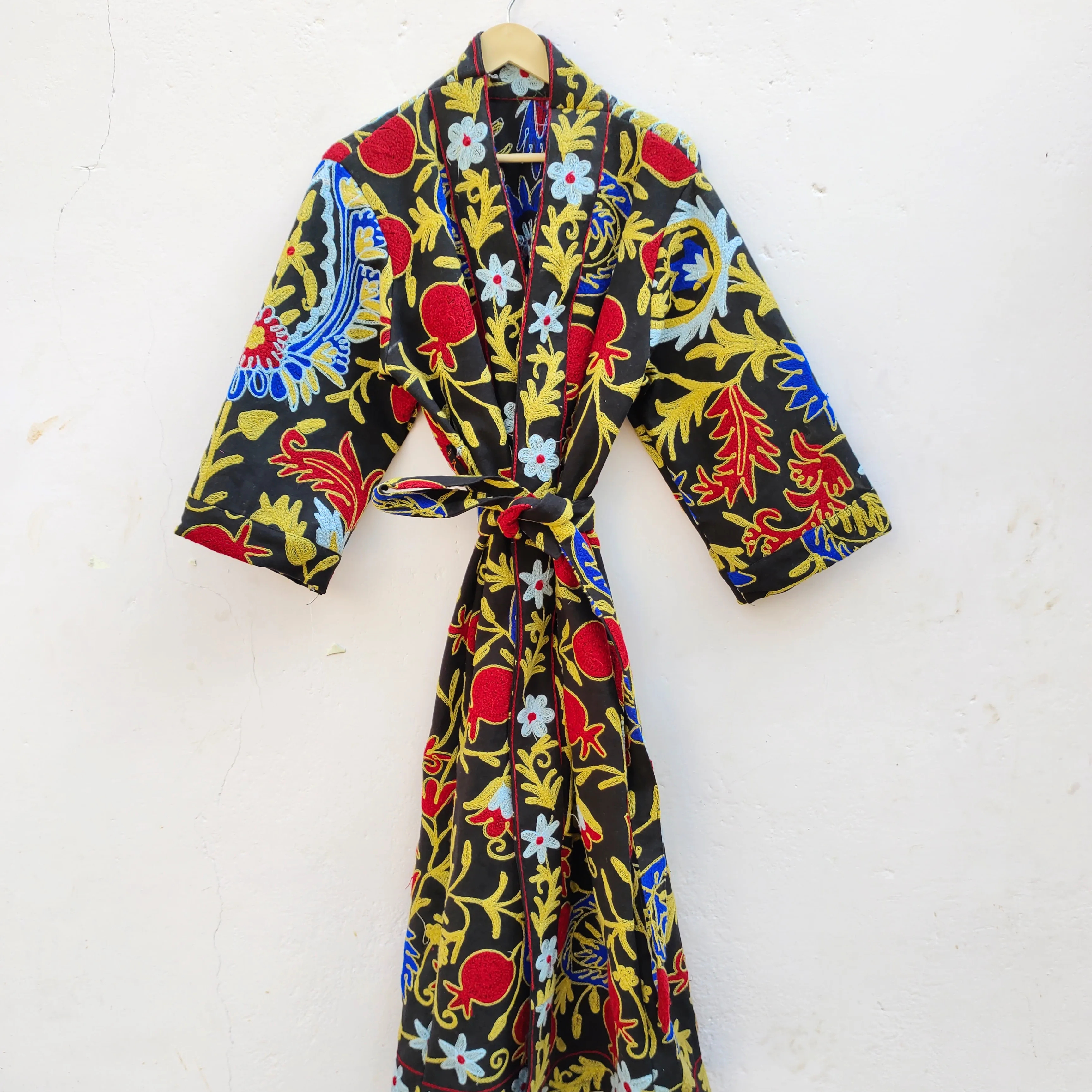 Classic Elegant Women's Suzani Hand-Embroidered Jacket Boho Crewel Black Multi-Color Home Sleepwear Summer Season Special Gift