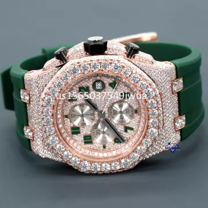 Unique Latest Stainless Steel Bling Green Strap Hip Hop Wrist Watch in Lab Grown Luxury Diamond for Mens Trendy Fashion