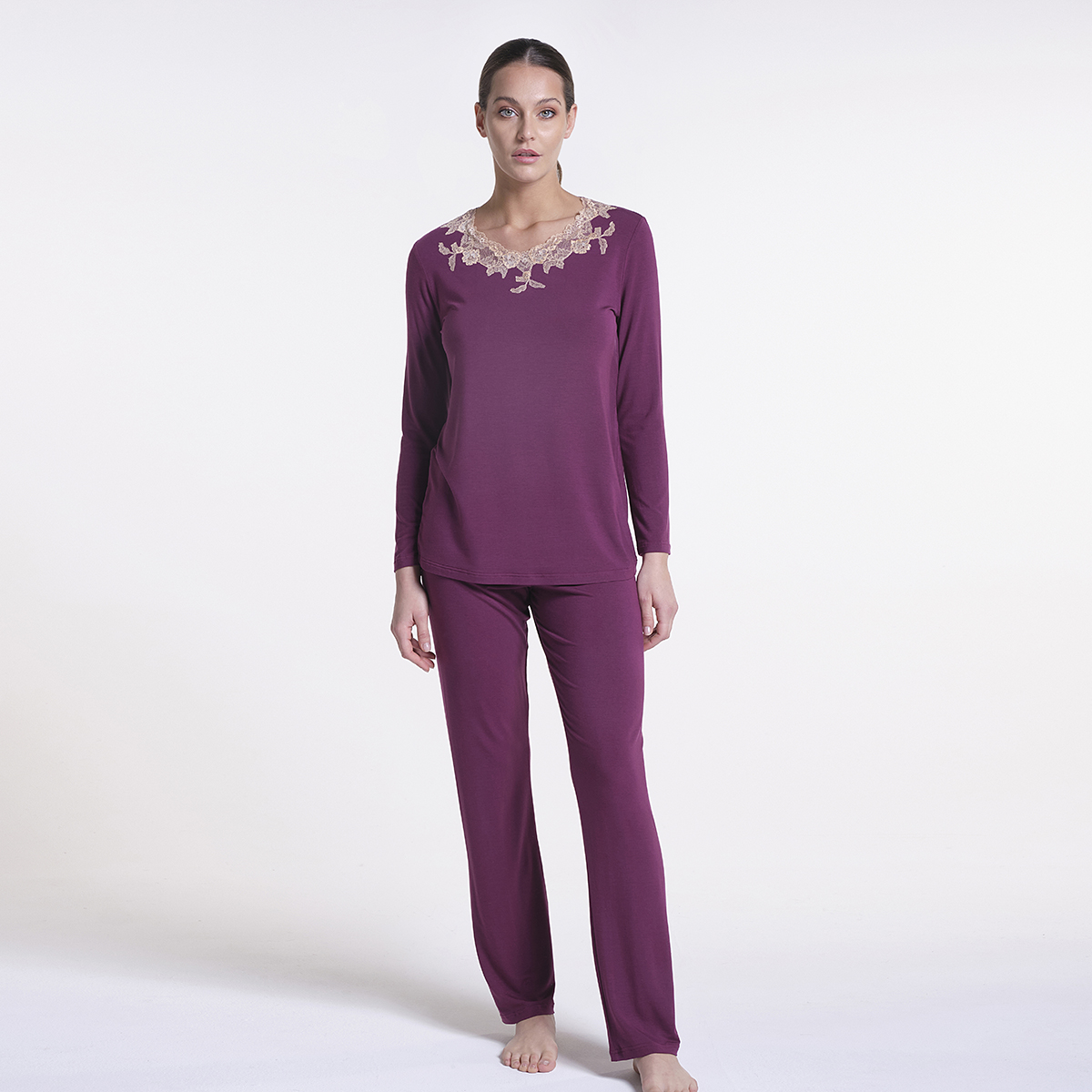 Made In Italy Luxury Modal Pyjama Set With Frastaglio And Elastic Lace For Fall Winter 2022 Sleepwear For Woman 