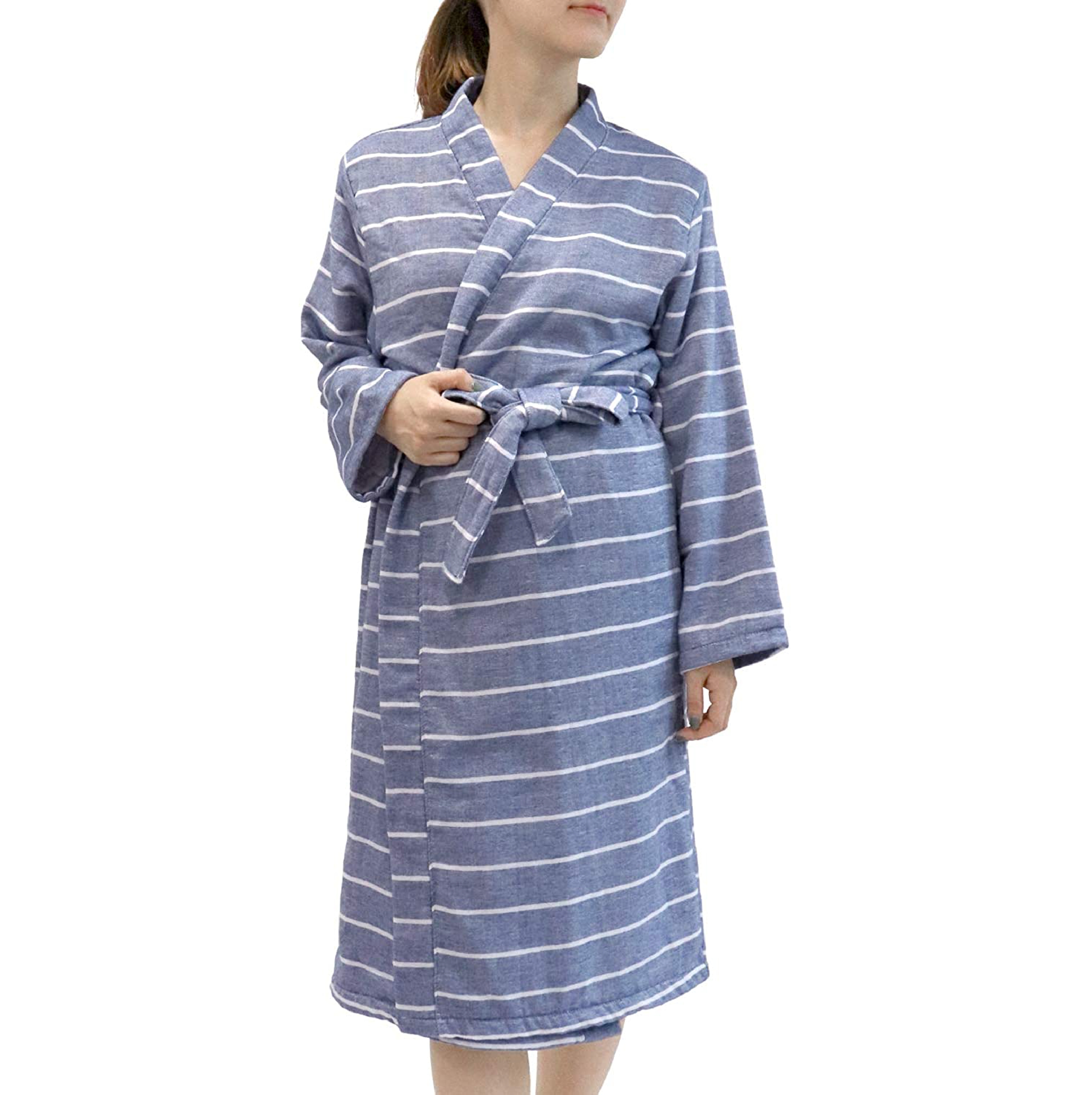 [Wholesale Products] HIORIE Cotton 100% Stripe Gauze Towel Bathrobe Women's Sleepwear Kimono Pajama Lounge Made in Japan Blue