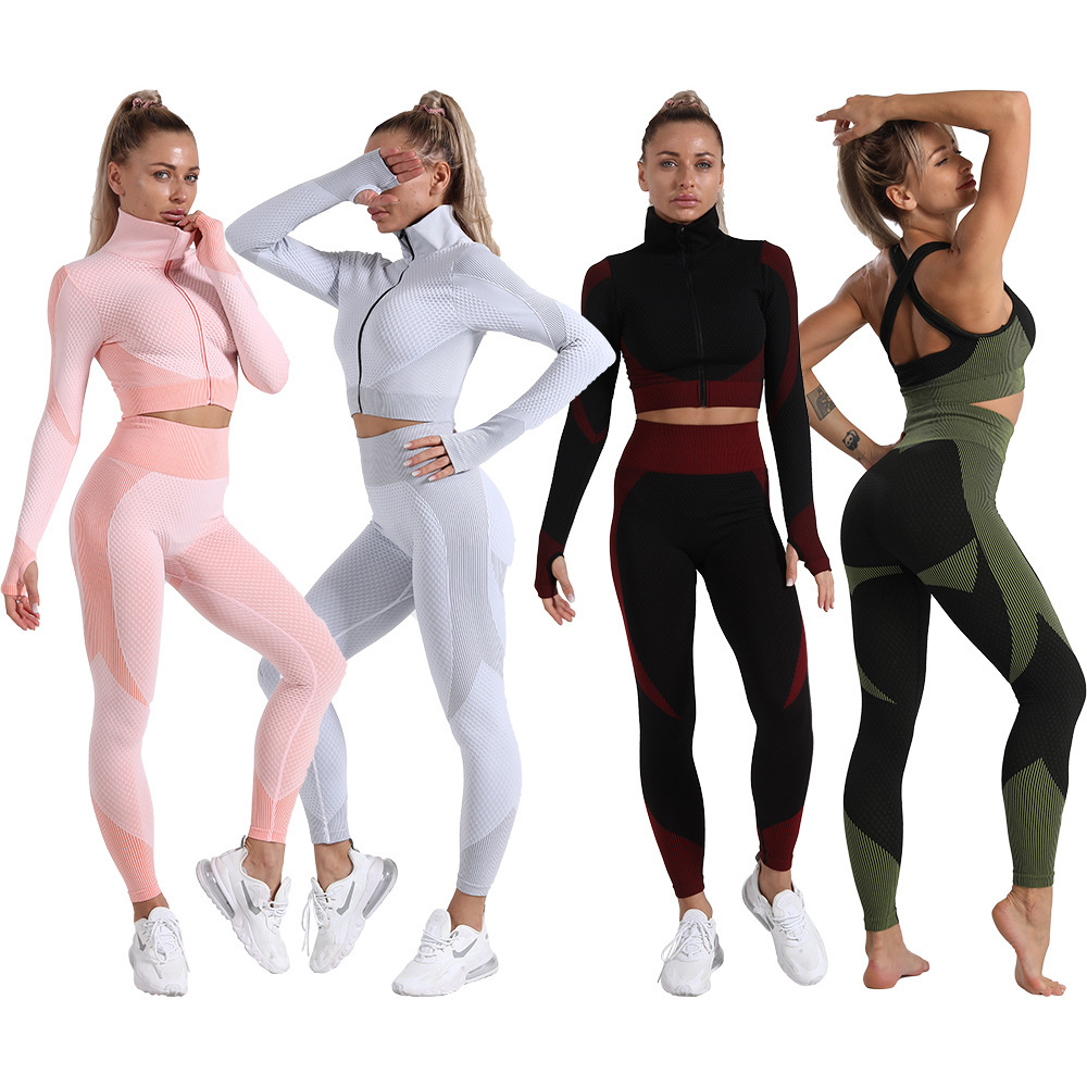 S-4xl Fall Winter Women Yoga Set 3pcs Sports Seamless Gym Leggings Long Sleeve Crop Top Jacket Bra Fitness Sportswear Tracksuit 