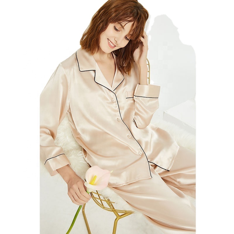 2022 Wholesale Women 100% Silk Satin Long Sleeve Pajama Pj Set Private Label Pure Silk Pj Sets 