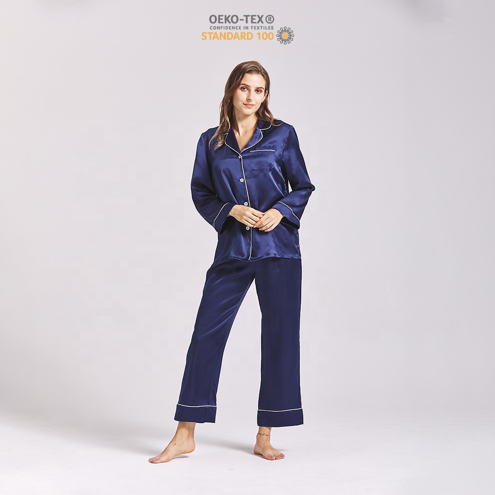 Customized Logo Navy Blue 100% Organic Silk Sleep Wear Elastic Waist Silk Pyjamas Women V-neck Silk Sleepwear For Ladies 